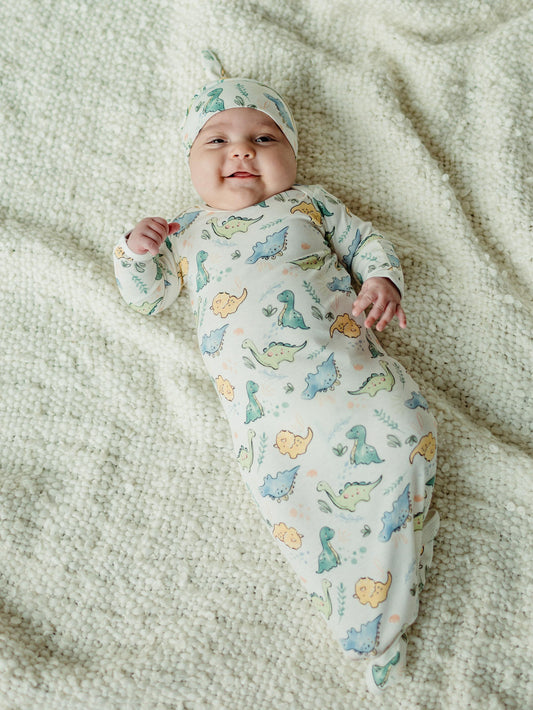 Knotted Gown & Beanie Set - Dino