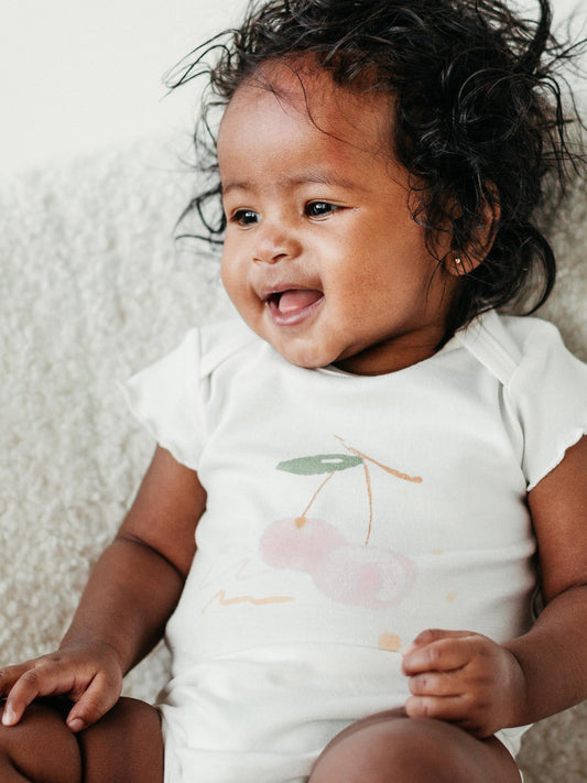 Onesie/Bodysuit - Flutter Sleeves - Cherry Picking Screenprint